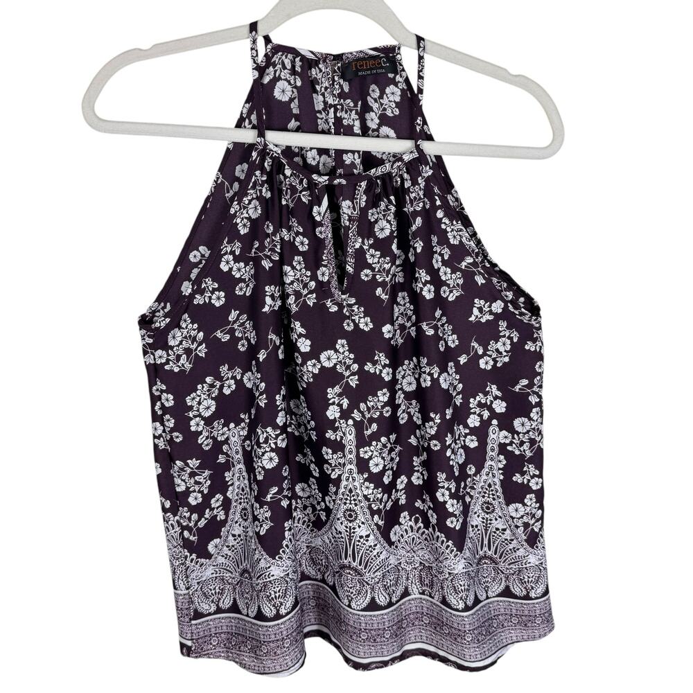 Renee C. Wine Purple White Floral Racerback Lightweight Tank Blouse Size M